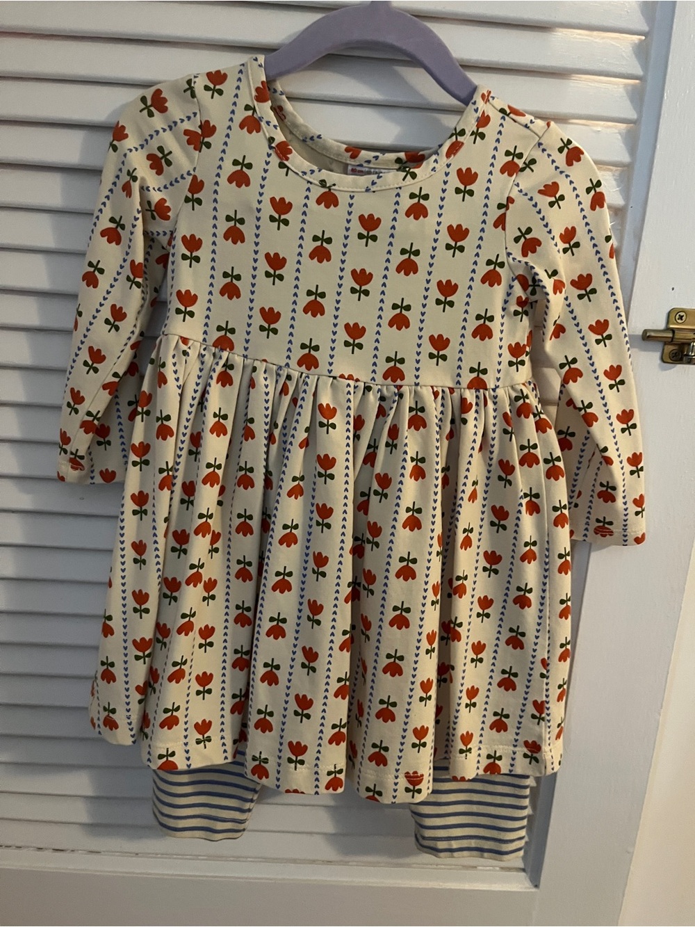 Hanna Andersson Cream Dress with Red/Orange Floral Tulips and leggings NEW